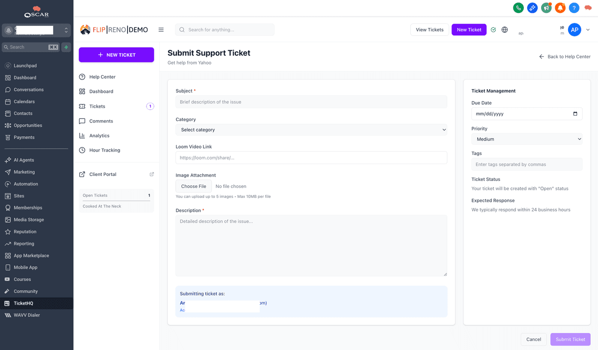 Client submits support request in TicketHQ