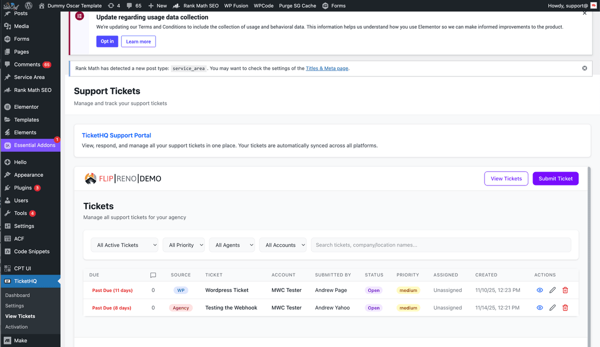 TicketHQ WordPress integration dashboard
